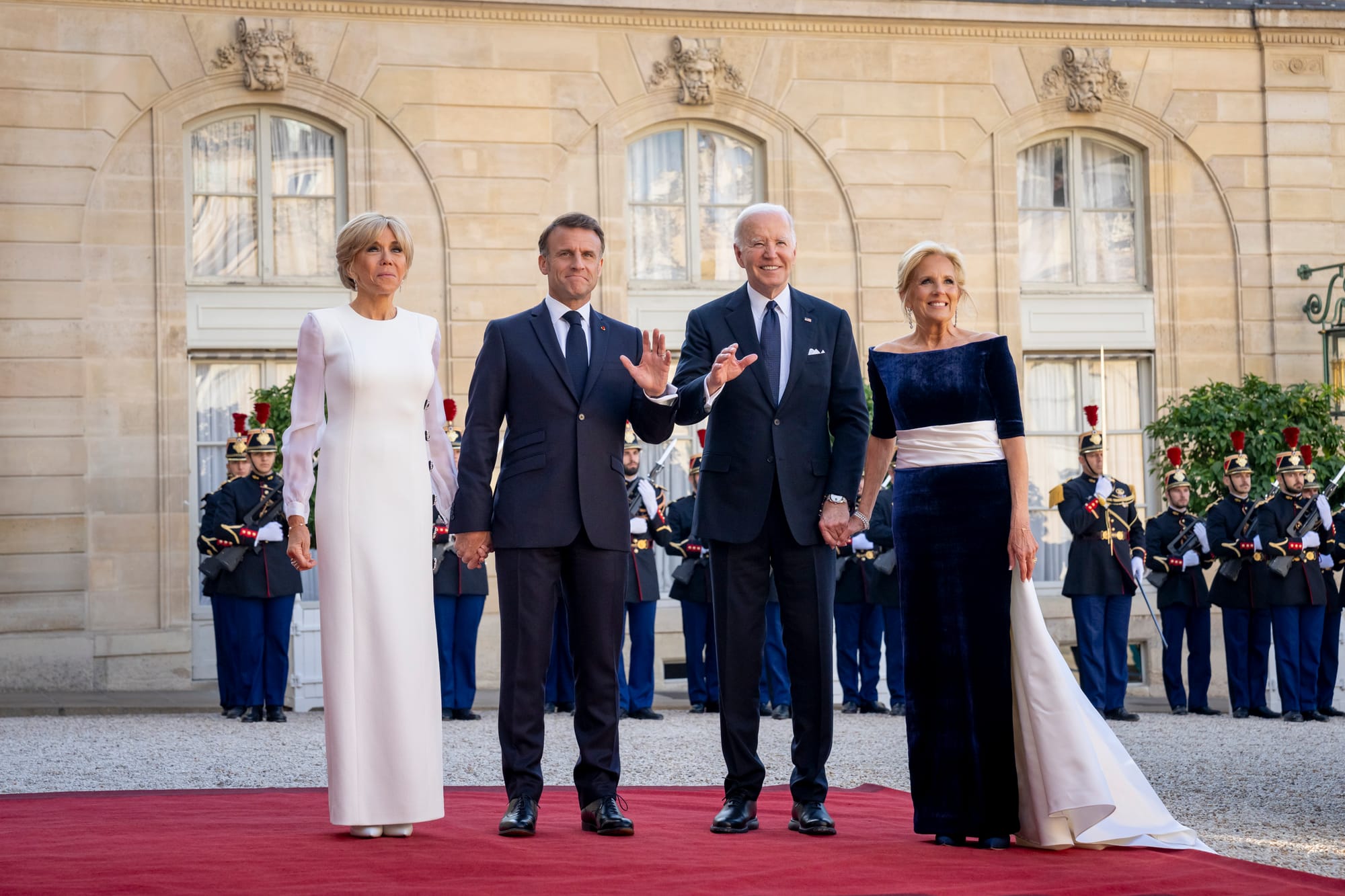 President Joe Biden and First Lady Jill Biden pose for photos with French President Emmanuel Macron and Mrs. Brigitte Macron at the Elysee Palace in Paris, France, Saturday, June 8, 2024, as they arrive for a State Dinner. (Official White House Photo by Erin Scott)