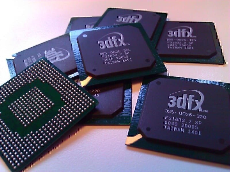 Shown here are the 3dfx VSA-100 revision 220 and 320 graphics processor ICs.