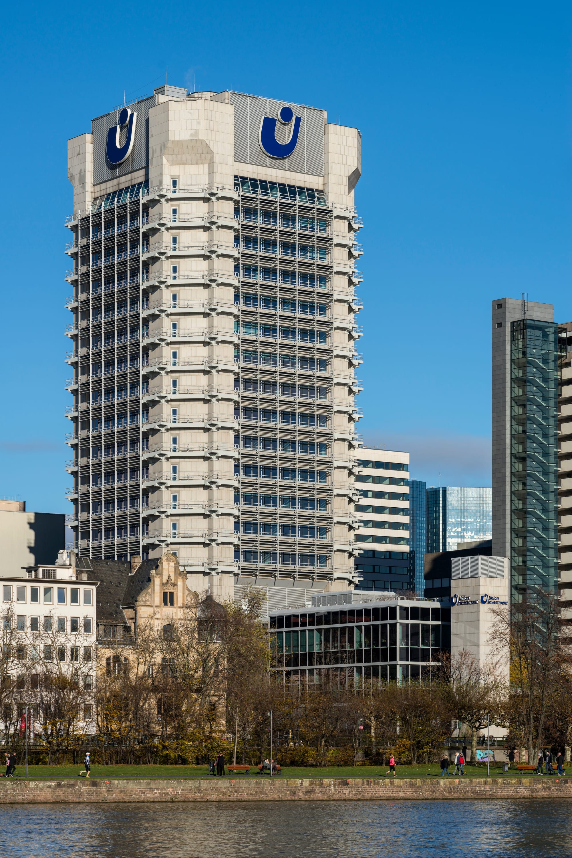 View of the Union Investment-Skyscraper at a sunny winter day. This image is a panorama which was stitched from 4 images. Projection is flat.