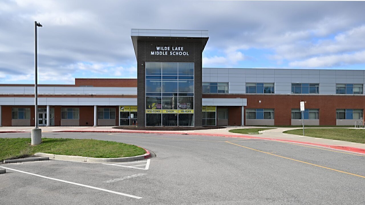 The entrance to Wilde Lake Middle School, part of the Howard County Public School System. 10481 Cross Fox Lane, Columbia, Maryland 21044.