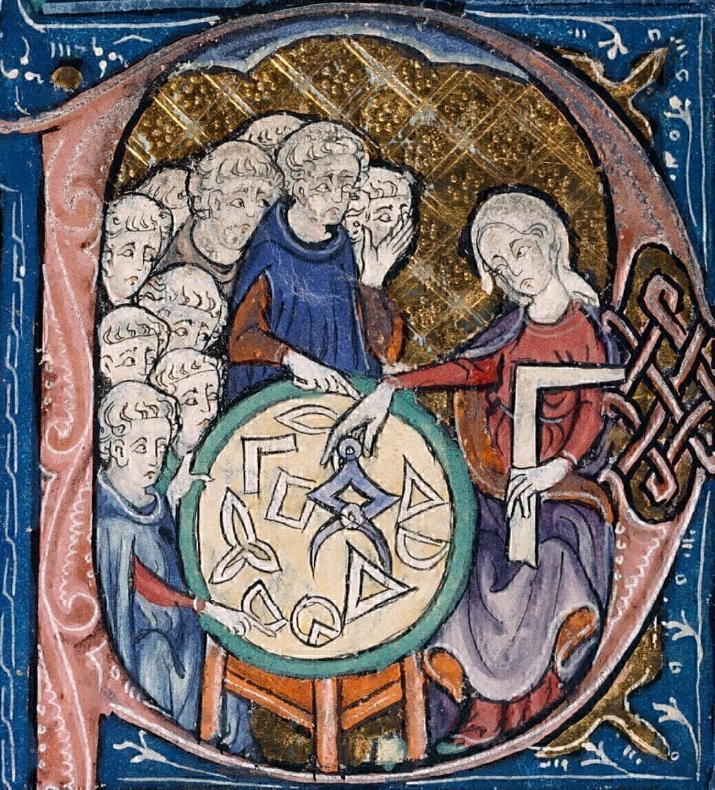 Detail of a scene in the bowl of the letter 'P' with a woman with a set-square and dividers; using a compass to measure distances on a diagram. In her left hand she holds a square, an implement for testing or drawing right angles. She is watched by a group of students. In the Middle Ages, it is unusual to see women represented as teachers, in particular when the students appear to be monks. She is most likely the personification of Geometry, based on Martianus Capella's famous book De Nuptiis Philologiae et Mercurii,  [5th c.] a standard source for allegorical imagery of the seven liberal arts. 
Illustration at the beginning of Euclid's Elementa, in the translation attributed to Adelard of Bath.
