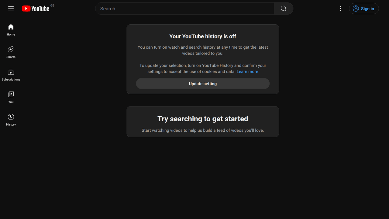 Main page of youtube.com, unregistered and search history turned off
