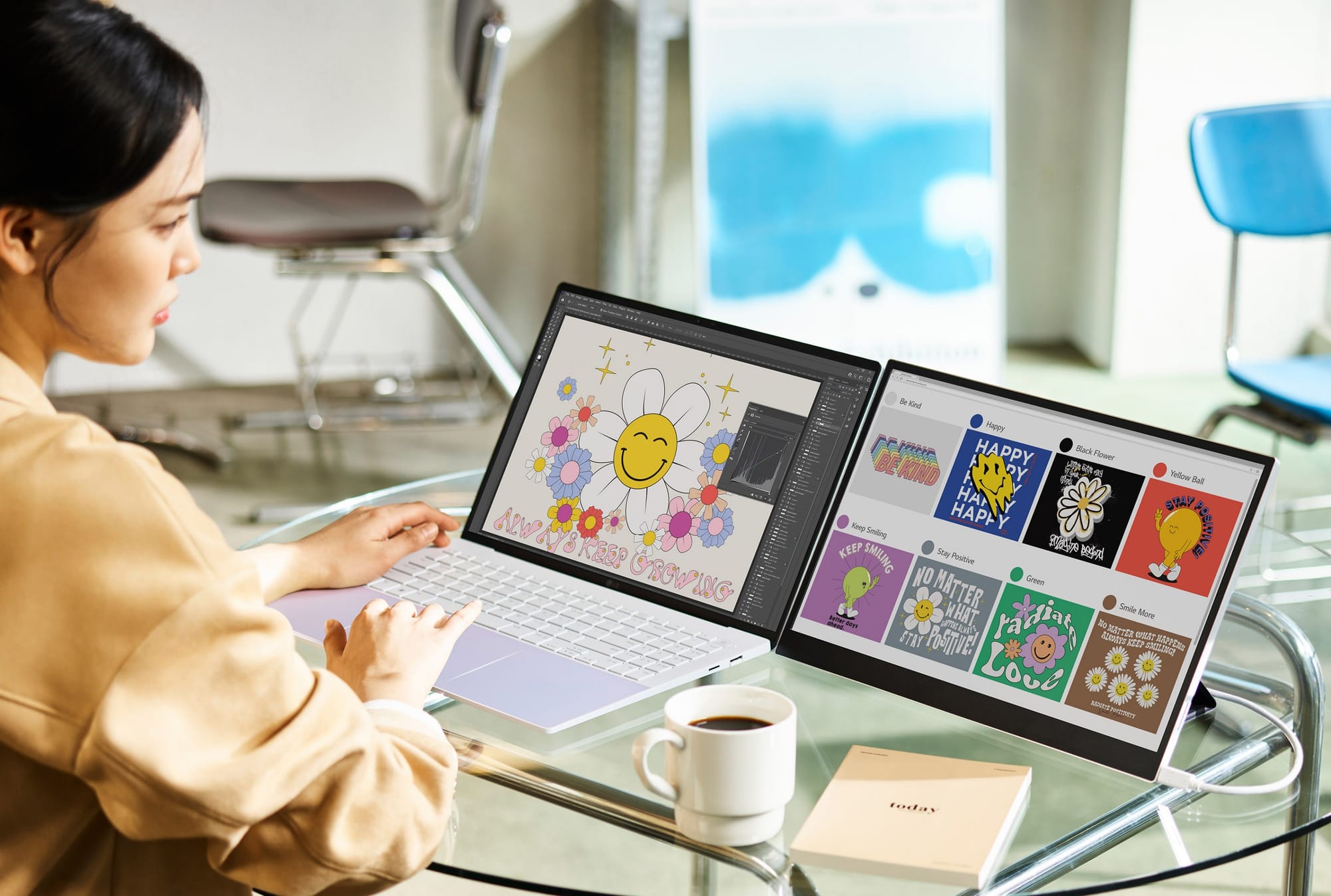 Promotional image for the 2023 LG gram Style and the Gram +View portable monitor.